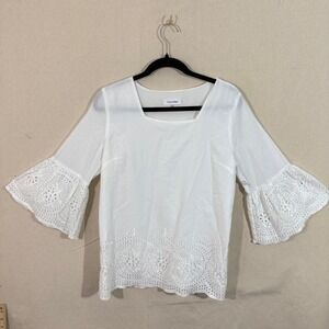 Calvin Klein White Eyelet Lace Bell Sleeve Blouse Top Cotton Size M